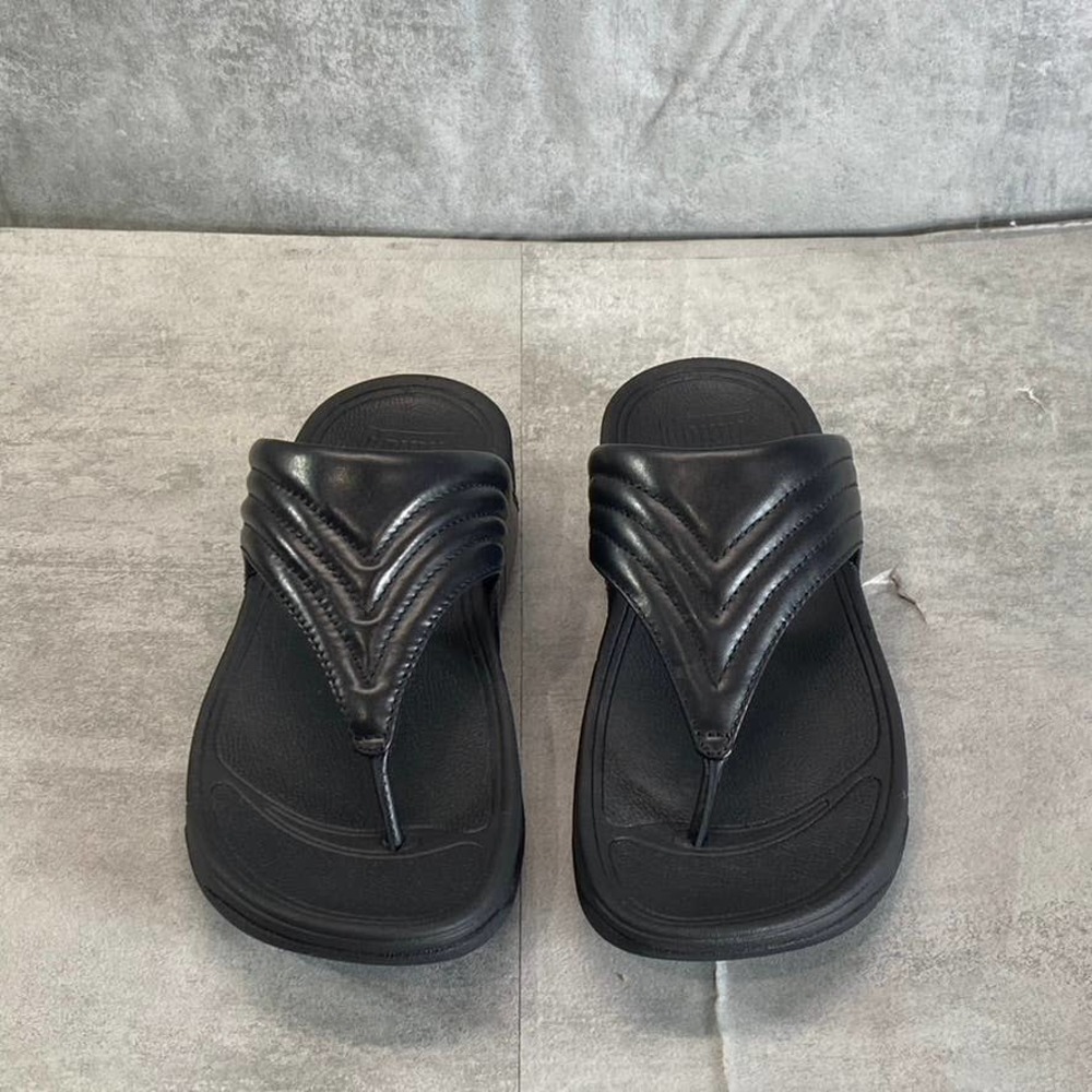 NWT Fitflop Women's Black Walkstar Leather Toe-Post Wedge Sandals SZ 6
